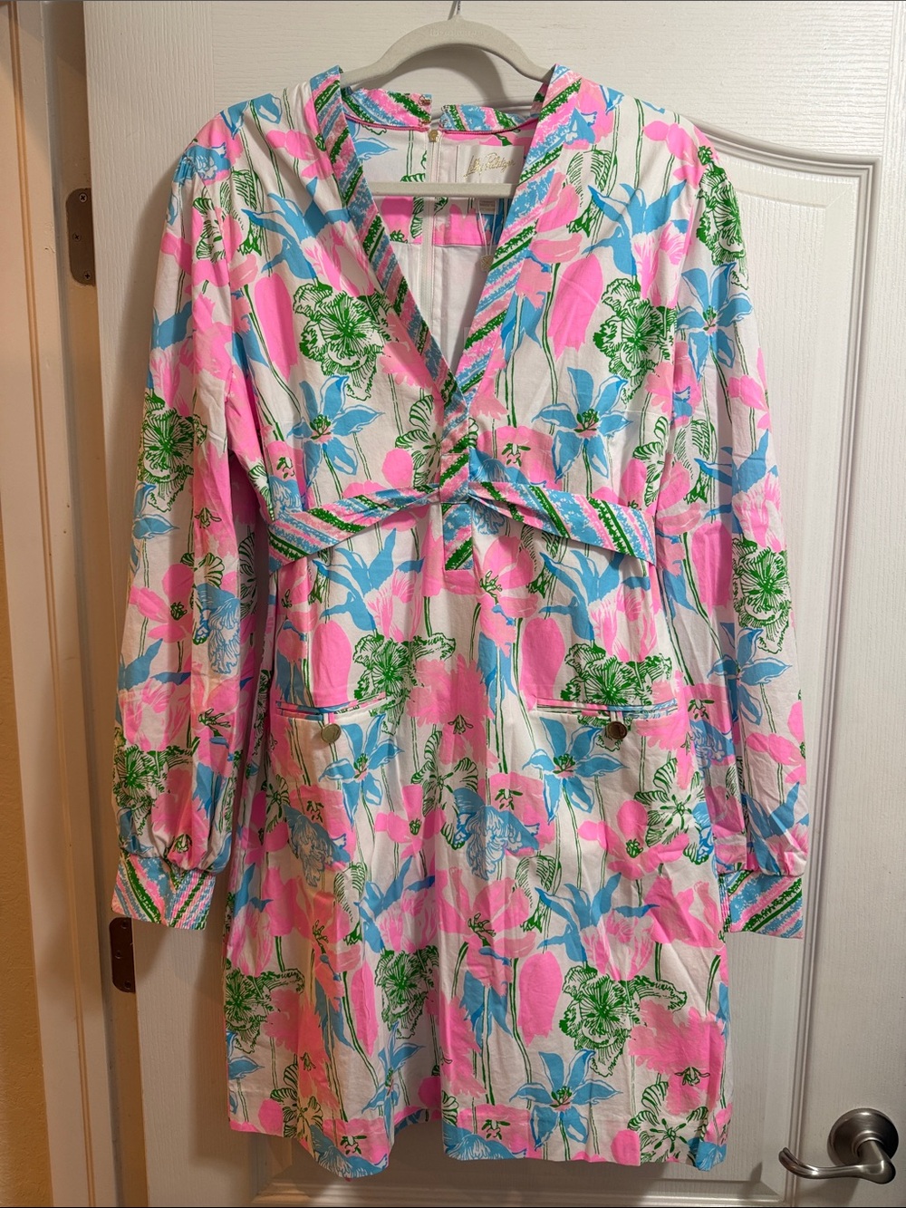 Lilly Pulitzer Pink, Blue & Green Floral Dress with tie that can be removed